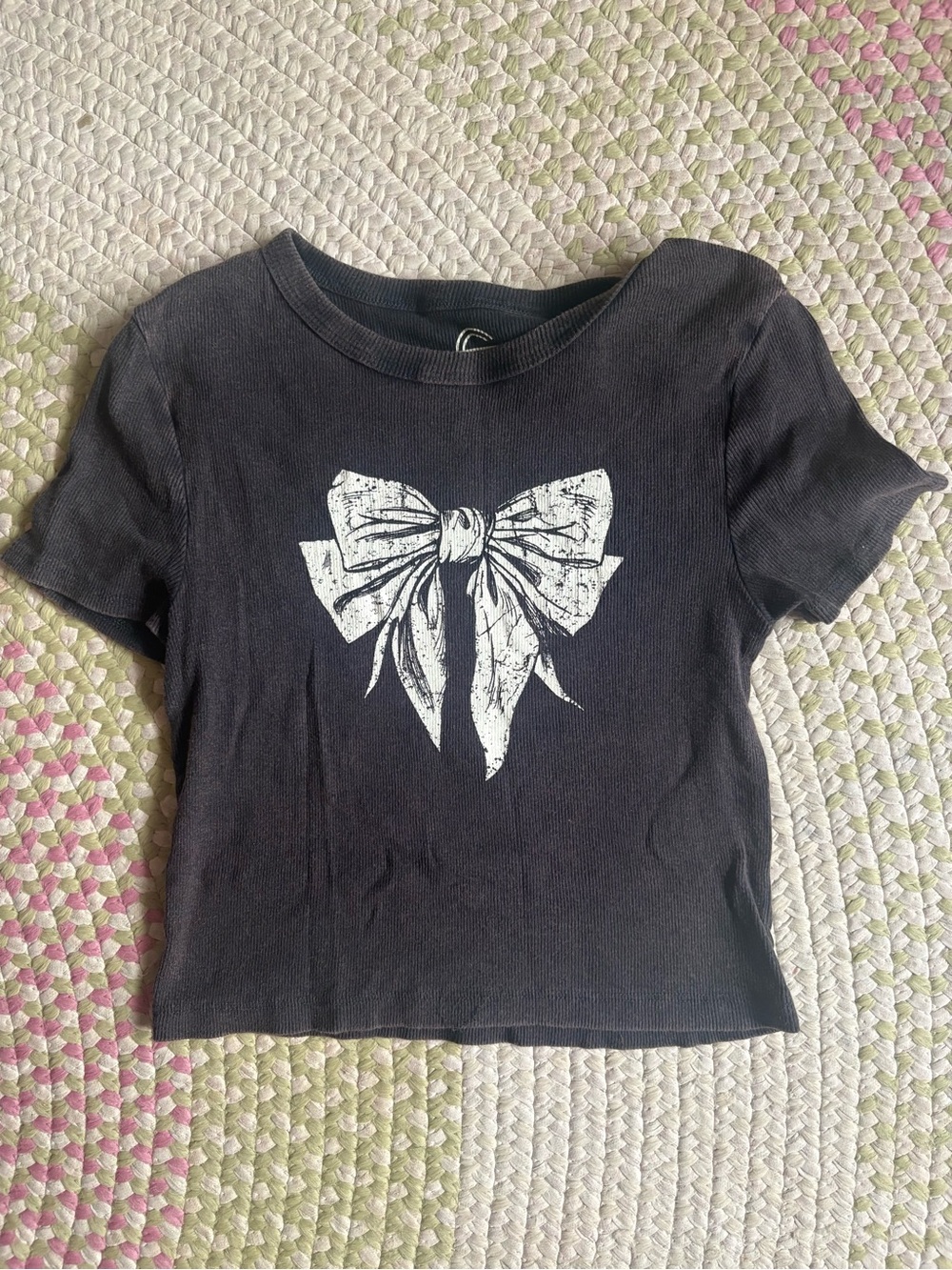 Black Short-Sleeve Tee with White Bow Graphic